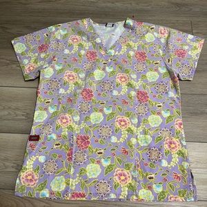 DENICE scrubs top  medical M v-neck Purple flowers floral